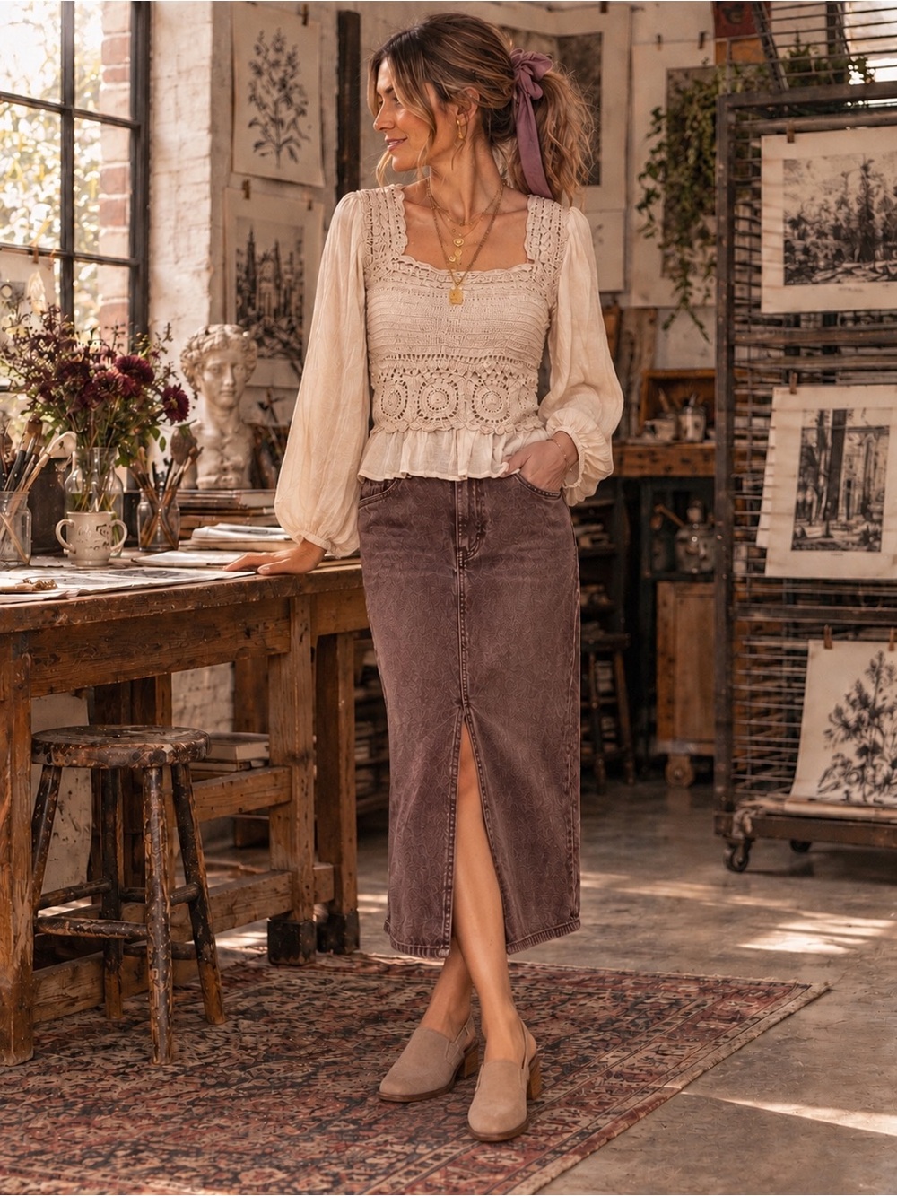 American Eagle Crochet Smocked Peplum Cream Blouse | Cottagecore Romantic Top
